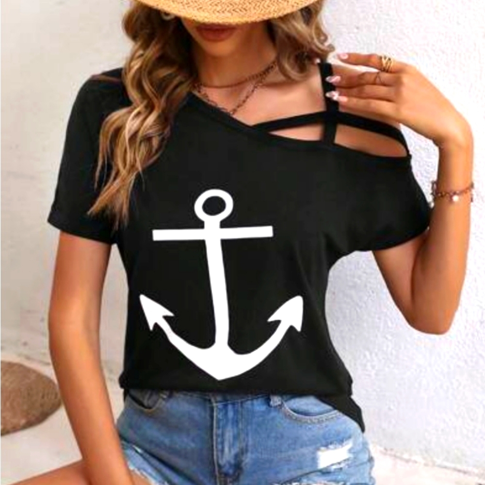 Sheilay Women's Blouse Anchor Print Asymmetrical Neck Tee Sz XL Navy Blue Casual